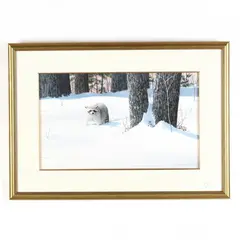 Winter Landscape with Raccoon by Douglas Cave, Watercolor on paper, sold Feb 2019
