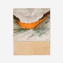 Valley Curtain (Project for Colorado) by Christo, 1972, pencil, colored pencil, fabric and paper collage on paper, sold Oct 2023