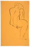 Nu assis de profil, jambe gauche relevée by San Yu ou Chang Yu, Encre sur papier orange, sold Jun 2022