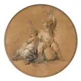 Un enfant faune et un amour à l'aiguière by Antoine-François Callet, Crayon noir et craie blanche, estompe, sur papier beige, de forme ronde, sold Sep 2022