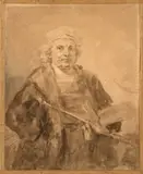 Portrait de Rembrandt à la palette by Jean-Honoré Fragonard, Lavis brun sur trait de crayon noir, sold Sep 2022