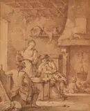Jeune femme offrant du vin à deux soldats dans une auberge et Quatre soldats jouant aux cartes sur un tambour by Louis Joseph Watteau, Deux dessins au crayon noir et à la sanguine, sold Sep 2022