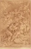 L'Amour va blesser Charite qui regarde Vénus et Péristère rassure les Nicéennes qui vont céder aux bergers conduits par l'Amour by Charles-Nicolas Cochin le Jeune, Deux dessins à la sanguine, sold Sep 2022