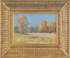 landscape depicting a fox hunt titled Sharf's Meadow by Charles Morris Young, oil on board, sold Apr 2011