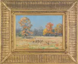 landscape depicting a fox hunt titled Sharf's Meadow by Charles Morris Young, oil on board, sold Apr 2011