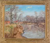 landscape with a river and locks by Hugh H Campbell, oil on canvas, offered Apr 2011