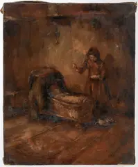 interior with a young girl standing by a cradle by Albert Neuhuys, oil on canvas, sold Apr 2011