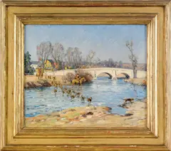 landscape depicting a fox hunt at Andrew's Bridge by Charles Morris Young, oil on canvas, sold Apr 2011