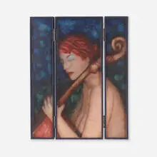 Isabel with Cello by Janusz Walentynowicz, 2002, cast and reverse-painted glass, sold Oct 2023