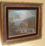 Vue d'un village traversé par une rivière animée de pêcheurs by Matthys Schoevaerdts, Huile sur panneau de chêne, une planche, sold Oct 2022