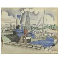 Untitled (Ship in Port) by André Lhote, c. 1917, watercolor and pencil on paper laid-down to cardboard, sold Aug 2026