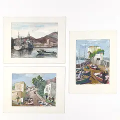 European Harbor Scenes, Three Works on Paper by Albert Bela Bauer, acrylic and graphite on paper, sold Aug 2026
