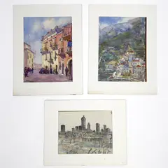 Italian Towns, Three Works on Paper by Albert Bela Bauer, acrylic and graphite on paper, sold Aug 2026