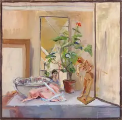 Still life oil on canvas, unframed 27 1/2 x 27 1/2 in by Sarah Raphael, oil on canvas, offered Apr 2018