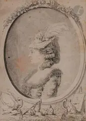 Portrait de femme de profil gauche dans un montage feint orné des attributs des arts by Gabriel de Saint-Aubin, Crayon noir, lavis gris et rehauts de plume et encre noire, sold Dec 2020