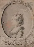Portrait de femme de profil gauche dans un montage feint orné des attributs des arts by Gabriel de Saint-Aubin, Crayon noir, lavis gris et rehauts de plume et encre noire, sold Dec 2020