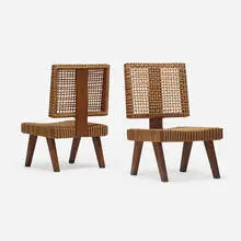 Rare lounge chairs, pair by Pierre Jeanneret, 1955, teak, rush, sold Dec 2021