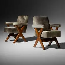 Rare Cross-Arm Office chairs from the Administrative Buildings, Chandigarh, pair by Pierre Jeanneret, c. 1960, teak, hide, sold Dec 2021