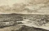 Recto : Effet de lumière dans un paysage de vallée ; Verso : Paysage à la chaumière by Georges Michel, Crayon noir, lavis gris et brun et rehauts d'aquarelle au verso, sold Sep 2022