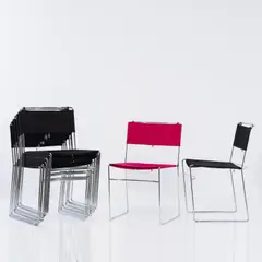 12 Stapelstühle 'Delfina' by Enzo Mari, 1974, Metallstäbe verchromt, schwarzer und roter Textilbezug (Driade, Caorso und Robots, Italien, nach 2001), sold Sep 2020