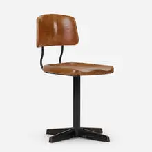 Rare and Early pivoting stool by Jean Prouvé, c. 1944, carved and stained oak, enameled iron, sold Dec 2021
