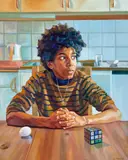 Boy with Rubik's cube and egg, 2021 by Ermias Ekube, Huile sur toile, sold Nov 2022
