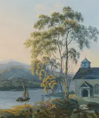 Lakeside scene with approaching boat gouache 48 x 36 cm framed and glazed by John Laporte, gouache, offered Dec 2017