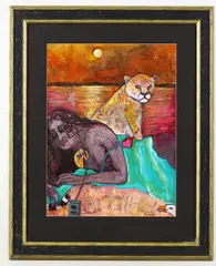 untitled, circa 1990s, late 20th century mixed media of a woman and panther by Linda Sutton, mixed media, offered Nov 2017