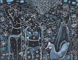 Deux danseuses et musicien by Ali Ben Salem, Gouache blanche sur papier coloré, sold Oct 2013
