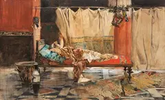 Escena clásica con dama tumbada sobre kline by Joaquín Sorolla, 1887, Acuarela sobre papel, sold Oct 2025
