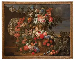 Composición ornamental con gran copa de flores y fuente by Jan Baptist Bosschaert, 1746, Óleo sobre lienzo, sold Oct 2025