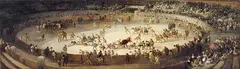 Plaza de toros by Genaro Pérez Villaamil, 1839, Óleo sobre lienzo adherido a táblex, sold Oct 2025