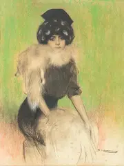 Dama elegante con chal de armiño by Ramon Casas, Dibujo a carboncillo y pastel, sold May 2025