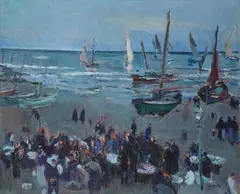 Pescadores de Vilanova by Joaquín Mir Trinxet, Óleo sobre lienzo, sold May 2025