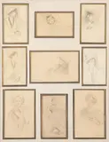 Composición con 9 estudios femeninos by Laureano Barrau, 1888, Dibujo a lápiz sobre papel (nueve), sold Feb 2025