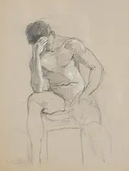 Hombre sentado meditando by Cecilio Pla, Dibujo a lápiz con toques de clarión, sold Feb 2025