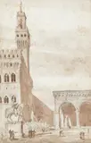 Plaza Ducal de Florencia by Alejandro Ferrant y Fisherman, Dibujo a lápiz y tinta sepia, sold Feb 2025