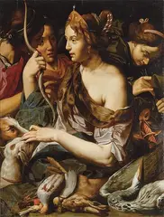 Diana cazadora y las ninfas by Abraham Janssens I, 1842, Óleo sobre tabla, sold Dec 2024