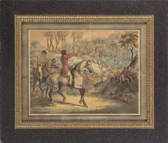 Him, from his craggy winding haunts unearthed / Let all the thunder of the chase by Samuel Howitt, 1794, Pareja de aguatintas (dos), sold Sep 2024