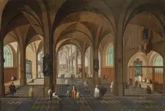 Interior de la catedral de Amberes by Pieter Neefs I, 1642, Óleo sobre tabla, sold May 2024