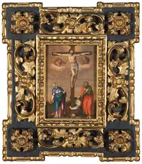 Cristo crucificado con la Virgen María, San Juan Evangelista, María Magdalena y ángeles by Marcello Venusti, Óleo sobre tabla, sold Dec 2023