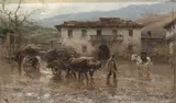 Caserío con carro by Mariano Barbasán Lagueruela, Óleo sobre tabla, sold Sep 2023