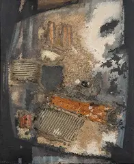 Maranchón by Juana Francés, 1963, Óleo, madera, cristal, tierra y botón sobre tela, sold Jul 2023