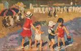 Niños en la playa by Cecilio Pla, Óleo sobre tabla, sold Dec 2022