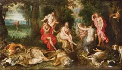Diana y las ninfas con Acteón al fondo by Hendrick van Balen, 1678, Óleo sobre tabla, sold Mar 2026