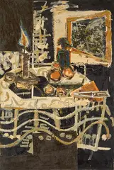 Naturaleza muerta (Homenaje a Cezanne y al invierno de Poussin) by Miguel Ángel Campano, 1985, Óleo y collage de periódicos de la época sobre tela, sold Feb 2026