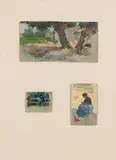 Estudio con paisaje by Cecilio Pla, Óleo sobre lienzo (uno); óleo sobre tabla (dos), sold Jul 2024