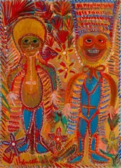 Les Amoureux by Anselme Boix-Vives, vers 1964, Huile et gouache sur carton contrecollé sur toile, sold Jun 2020