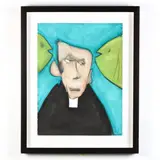 Priest with Fish by Dick Roberts, Mixed media on paper, sold Jan 2018