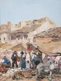 En el mercado by Roberto Domingo Y Fallola, Gouache sobre papel, sold Feb 2024